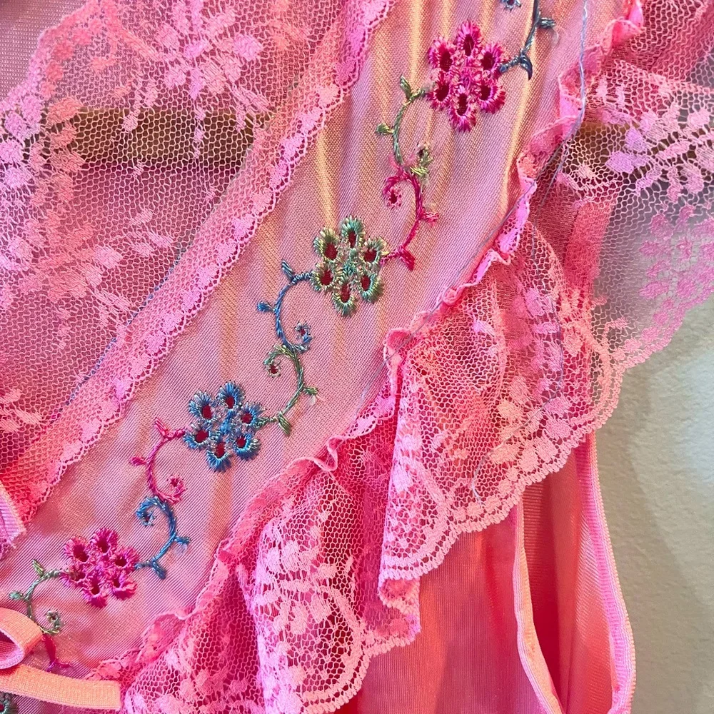 Beautiful Vintage Vivid Coral Nylon and Lace Nightgown by Bernette.  Size = M